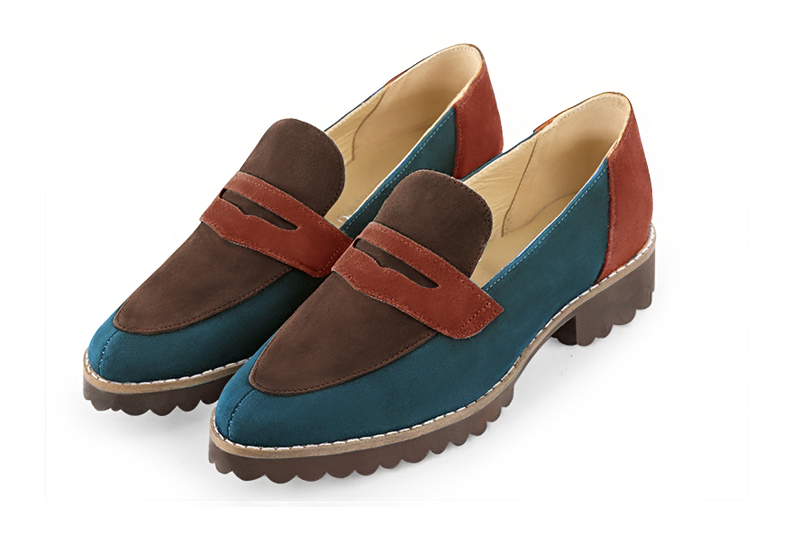 Peacock blue, chocolate brown and terracotta orange women's casual loafers. Round toe. Flat rubber soles. Front view - Florence KOOIJMAN
